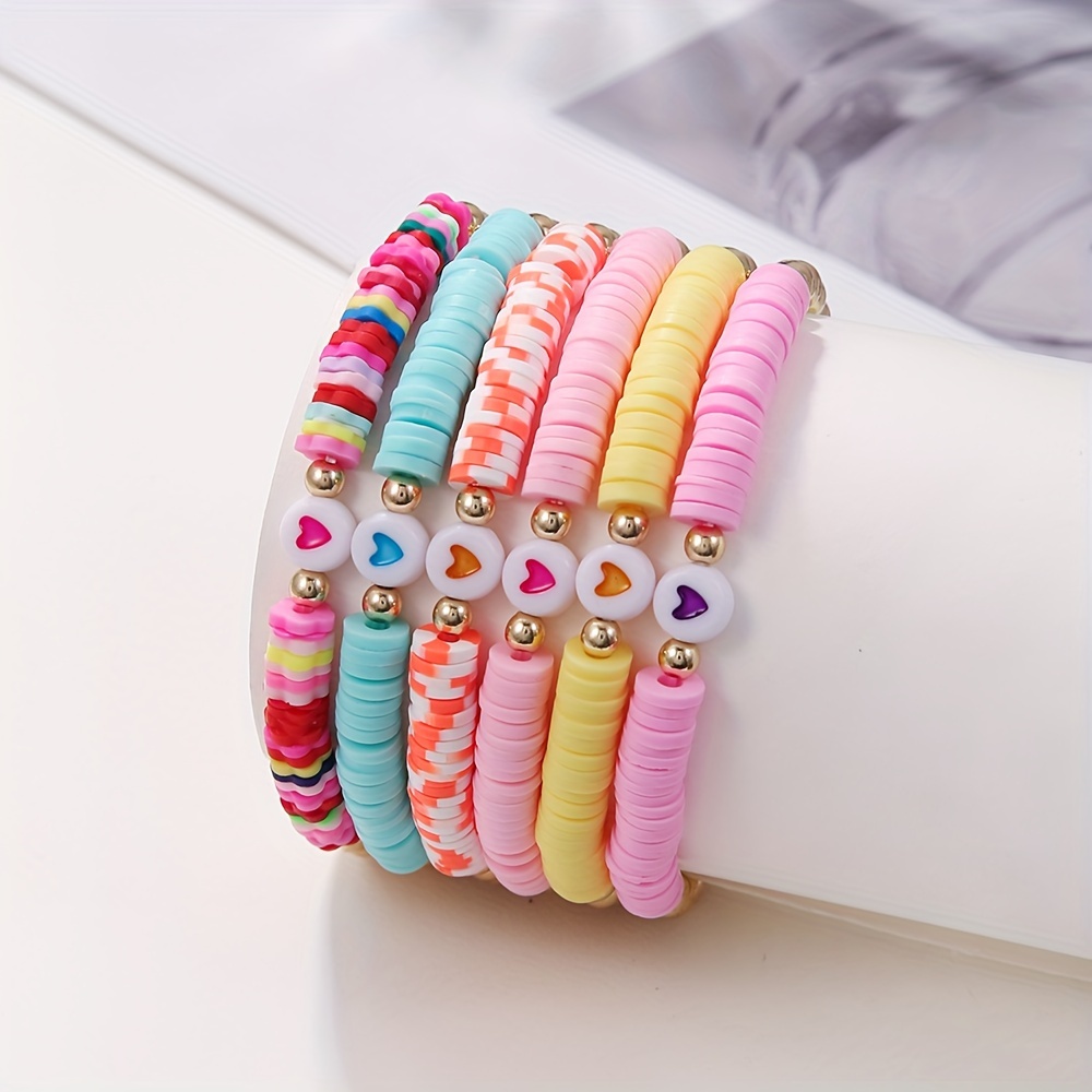 Macaron Heart Soft Clay Bracelet Set for Women - 6pcs
